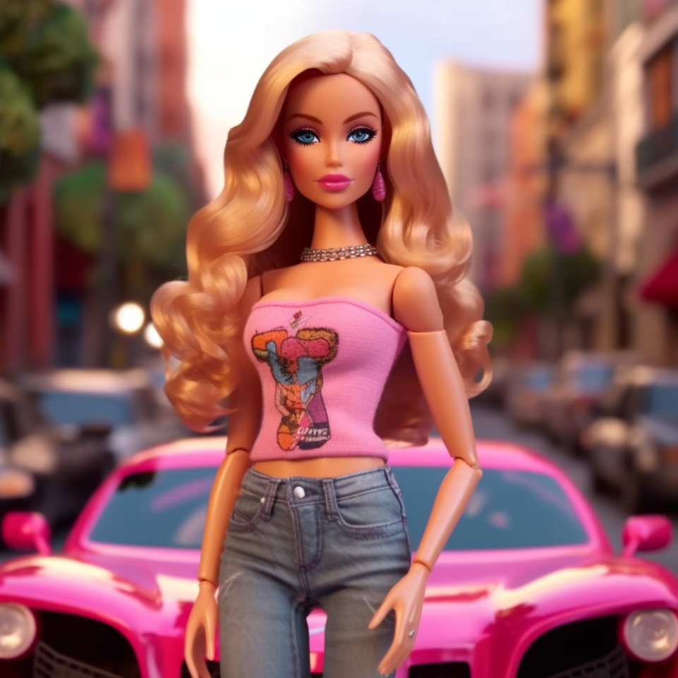 Barbie standing in front of a car in the street in a city while wearing a choker, a tube top, and jeans