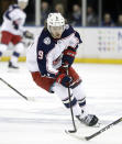 FILE - In this April 5, 2019, file photo, Columbus Blue Jackets left wing Artemi Panarin (9), of Russia, skates with the puck against New York Rangers during the first period of an NHL hockey game in New York. The 27-year-old Panarin is regarded as the top player available in free agency. (AP Photo/Julio Cortez, File)
