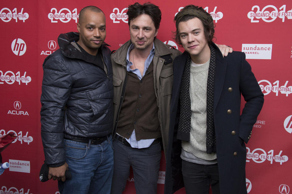 This Jan. 8, 2013 photo shows actor Donald Faison, left, writer-director Zach Braff, center, and singer Harry Styles at the premiere of "Wish I Was Here" during the 2014 Sundance Film Festival, on Saturday, Jan. 18, 2014 in Park City, Utah. (Photo by Arthur Mola/Invision/AP)