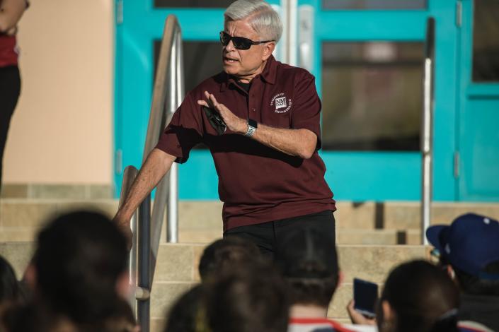 Chancellor Dan Arvizu speaks to students after they marched through New Mexico State campus in Las Cruces demanding the university fire President John Floros and Provost Carol Parker on Tuesday, Nov. 16, 2021.