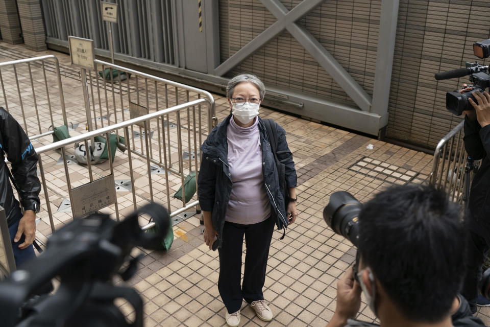 Former lawmaker Cyd Ho arrives at the West Kowloon Magistrates's Courts in Hong Kong, Friday Nov. 25, 2022. Hong Kong Cardinal Joseph Zen and five others were in court on Friday over charges of failing to register a now-defunct fund that aimed at helping people arrested in the widespread protests three years ago. (AP Photo/Anthony Kwan)