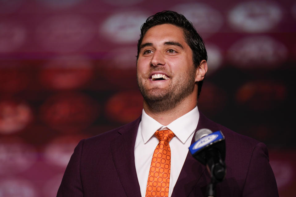 Virginia Tech tight end Nick Gallo speaks during the Atlantic Coast Conference NCAA college football media days Wednesday, July 26, 2023, in Charlotte, N.C. (AP Photo/Erik Verduzco)
