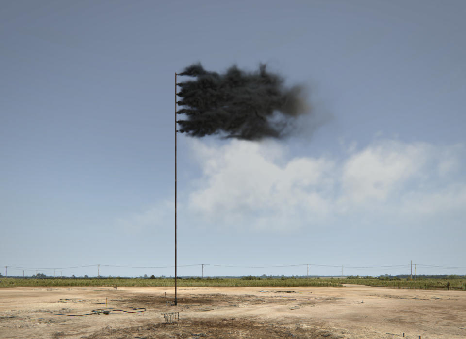 Western Flag (Spindletop, Texas 2017), a virtual art installation by Irish artist John Gerrard, uses a haunting image to symbolize our complex relationship with oil. (Photo: Courtesy John Gerrard Thomas Dane Gallery London and Simon Preston Gallery New York)