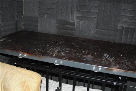 A steel cage (approximately 3' wide, 2' high and 4' long) with multiple locking devices, and a steel table top is shown in a room with acoustical sound-deadening material in a July 27, 2012 handout photo released by the U.S. Attorney's Office after a search warrant was executed at the Worcester, Massachusetts house of Geoffrey Portway, 40. REUTERS/U.S. Attorney's Office/Handout via Reuters