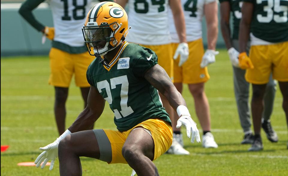 Green Bay Packers cornerback William Hooper (27) is shown during organized team activities Tuesday, May 23, 2023 in Green Bay, Wis.