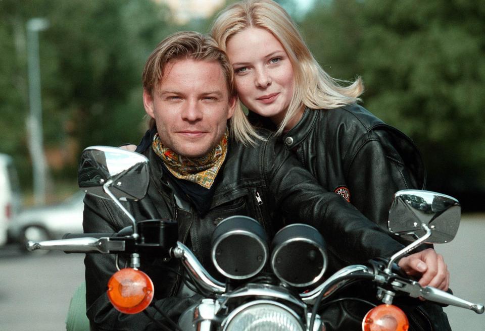 Still of Rebecca and actor Kim Sulocki on a motorcycle from "Nya Tider"