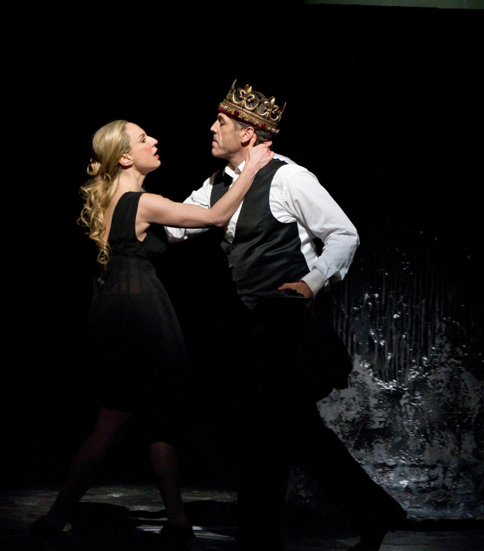 In this March 7, 2012, photo provided by the Metropolitan Opera, Nadja Michael performs in the roll of Lady Macbeth opposite Thomas Hampson as the title character during a dress rehearsal of a revival of Verdi's "Macbeth,'' at the Metropolitan Opera in New York. (AP Photo/Metropolitan Opera, Marty Sohl)