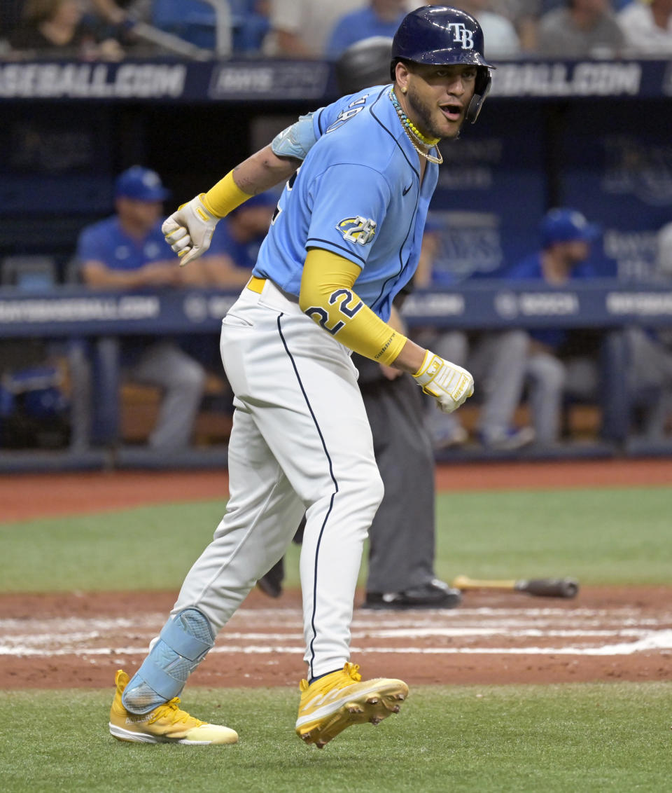 Tampa Bay Rays' Jose Siri heads for first base after hitting a solo home run off Kansas City Royals starter Daniel Lynch during the fourth inning of a baseball game Sunday, June 25, 2023, in St. Petersburg, Fla. (AP Photo/Steve Nesius)