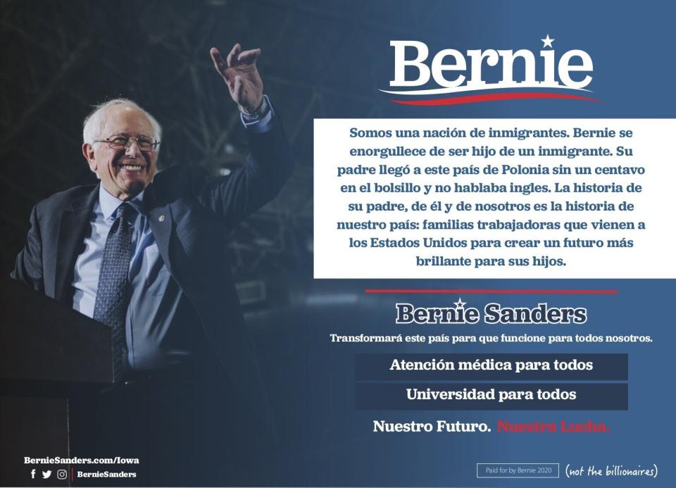 A half-page ad in the Spanish-language weekly "La Prensa Iowa" highlighted Sanders' background as the son of an immigrant. (Photo: Bernie Sanders campaign)