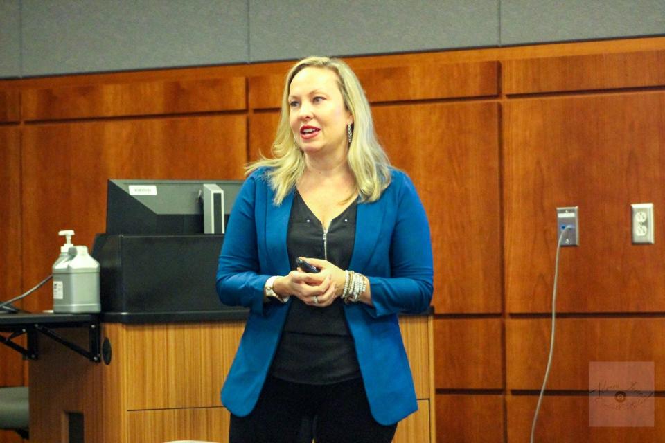 Entrepreneur Jennifer Frye of Appreciated Asset speaks at an event sponsored by 1 Million Cups, a business and networking group, at Fayetteville Technical Community College.