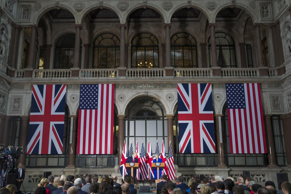 President Donald Trump speaks during a news conference with British Prime Minister Theresa May at the Foreign Office, Tuesday, June 4, 2019, in central London. (AP Photo/Alex Brandon)