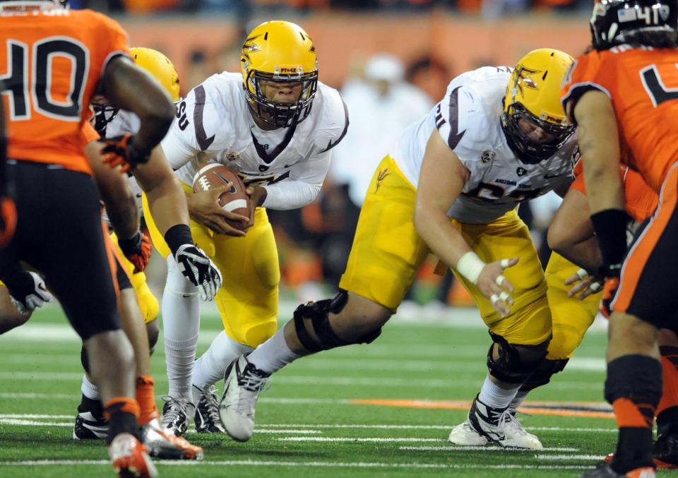 Quarterback Michael Eubank #18 of the Arizona State Sun Devils sneaks for a first down on fourth down in the second quarter of the game against the Oregon State Beavers on November 3, 2012 at Reser Stadium in Corvallis, Oregon. (Photo by Steve Dykes/Getty Images)