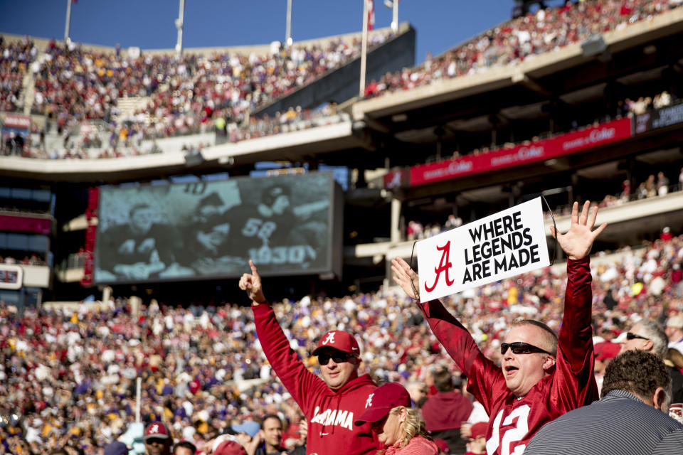 Alabama fans cheer before an NCAA college football game against LSU at Bryant-Denny Stadium, in Tuscaloosa, Ala., Saturday, Nov. 9, 2019. (AP Photo/Andrew Harnik)