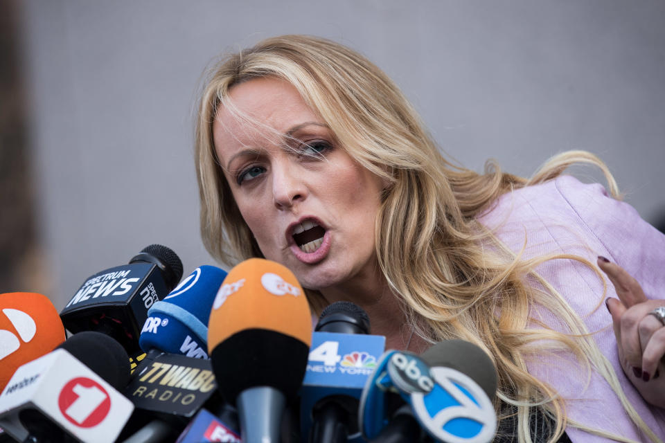 Stormy Daniels speaks to reporters outside a federal courthouse in New York in April 2018.