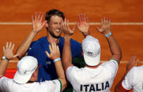 Tennis - Argentina v Italy - Davis Cup World Group First Round - Parque Sarmiento stadium, Buenos Aires, Argentina - 3/2/17. Italy's Andreas Seppi celebrates after winning his match against Argentina's Carlos Berlocq. REUTERS/Marcos Brindicci