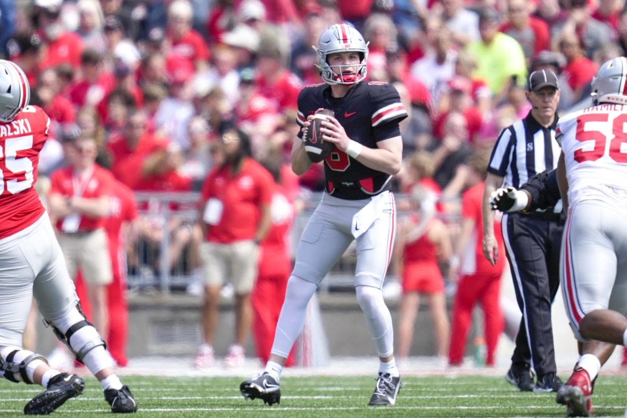 Apr 15, 2023; Columbus, Ohio, United States; Ohio State Buckeyes quarterback Kyle McCord (6) looks for a play during the first quarter of the Ohio State Buckeyes spring game at Ohio Stadium on Saturday morning. Mandatory Credit: Joseph Scheller-The Columbus Dispatch