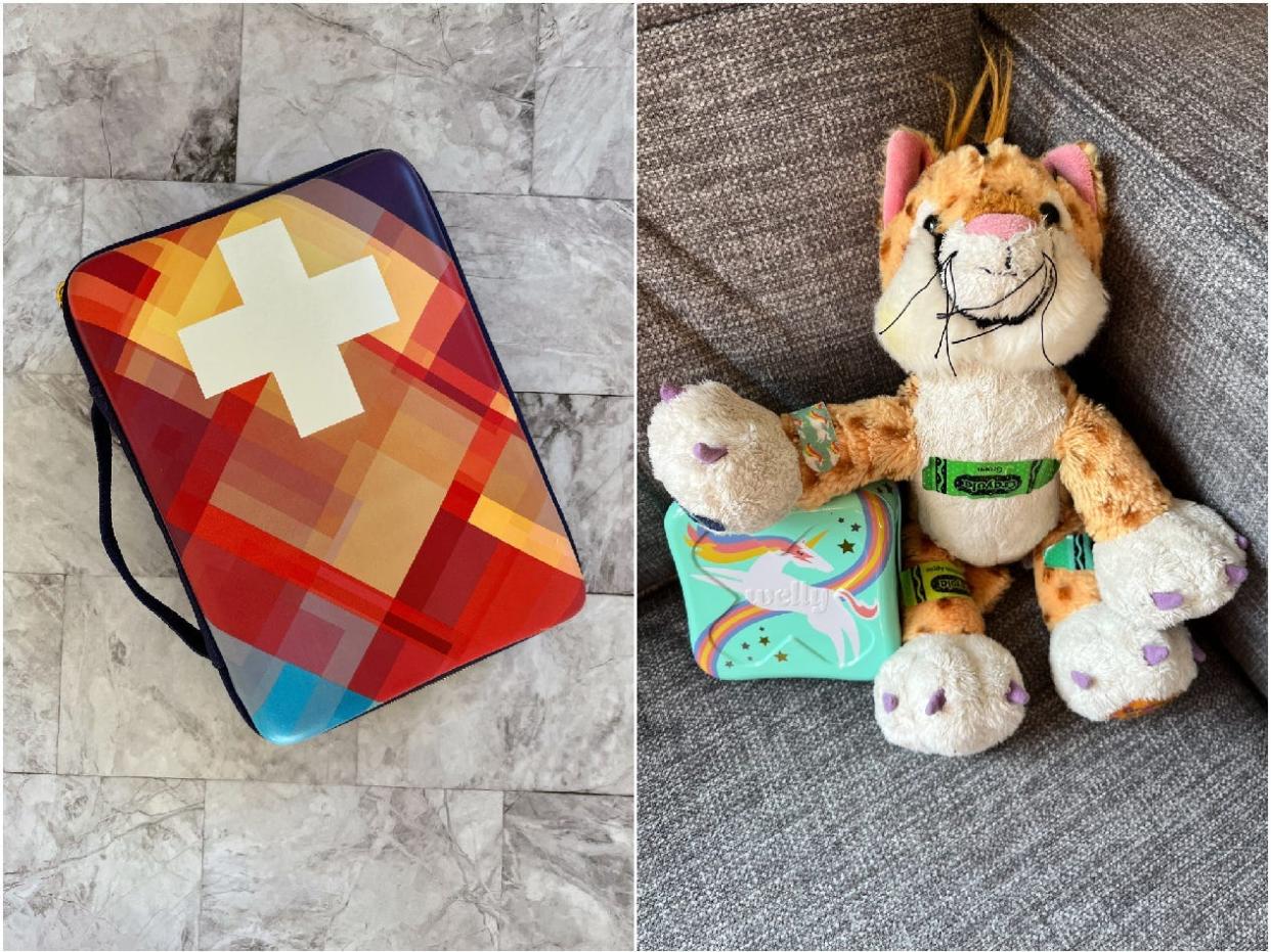 A diptych which shows a multi-colored first aid kit on the left against a marble floor and, on the right, a stuffed tiger sitting on a couch. The tiger has green Band-Aids on its stomach and paws. Its right paw rests on a small first-aid kit that has a unicorn on it.