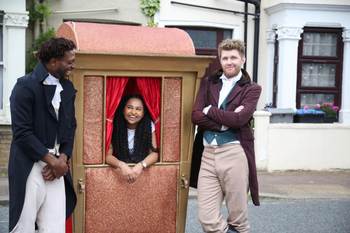 Swindon man Michael George and his friend George Jonathan helped London lass Danait arrive to her Bridgerton party in style <i>(Image: Airtasker)</i>