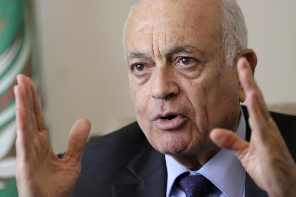 Arab League Secretary-General Nabil Elaraby speaks during an interview with Associated Press, in Cairo, Egypt, Thursday, April 10, 2014. The head of the Arab League said Thursday he is confident that Israel and the Palestinians soon will resolve a crisis over the release of long-held Palestinian prisoners and extend their U.S.-brokered peace talks beyond an April deadline. Elaraby told The Associated Press that the April 29 deadline would be extended “for months” and rejected the idea that the talks have failed to make progress. (AP Photo/Hassan Ammar)