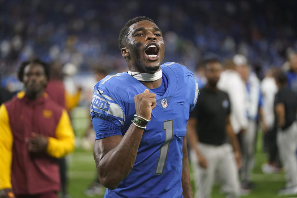 Detroit Lions cornerback Jeff Okudah (1) celebrates after an NFL football game against the Washington Commanders Sunday, Sept. 18, 2022, in Detroit. The Lions won 36-27. (AP Photo/Paul Sancya)