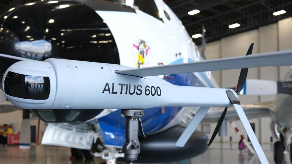 The Anduril Industries Altius drone was successfully flown into Hurricane Ian’s Category 5 winds in 2022 to retrieve vital forecasting data. A demonstration model is pictured at NOAA’s Aircraft Operations Center in Lakeland on June 27, 2023. 