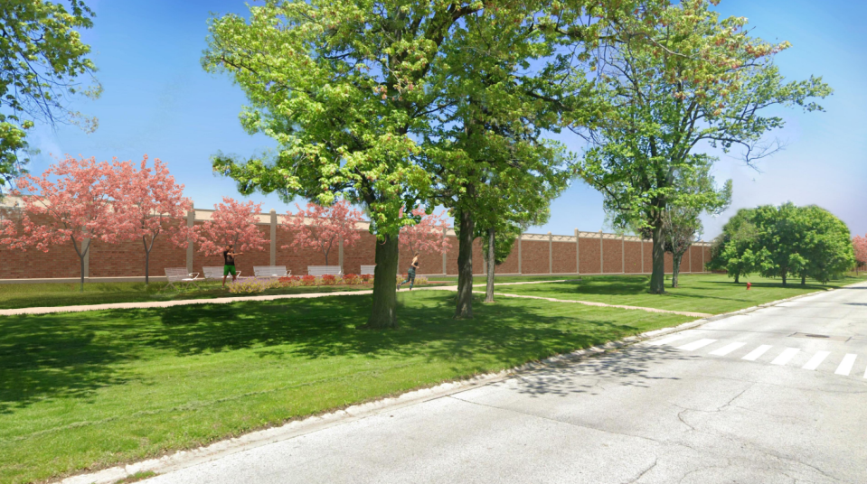 A noise wall is proposed for separating the Scott Avenue neighborhood along a greenspace from the new Blue Water Bridge Plaza expansion. Residents said they're concerned about the proximity of a truck or entrance loop behind the wall.