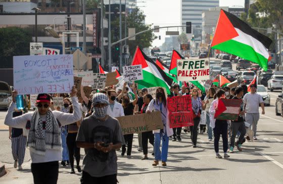 Protesters, demanding an end to the Israeli invasion of Gaza, marched on Wilshire Blvd. in Los Angeles towards the Federal Building on Nov. 4<span class="copyright">Mel Melcon—Los Angeles Times/Getty Images</span>