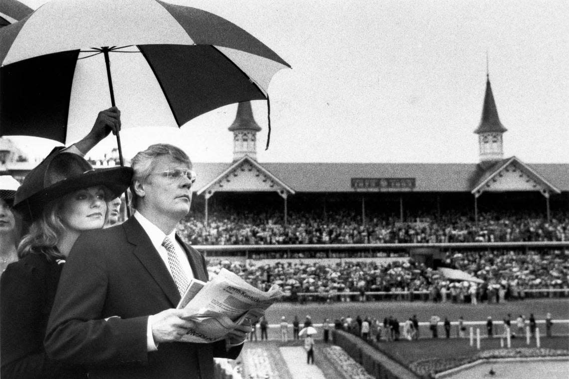 Kentucky Governor John Y. Brown Jr. and his wife, former Miss America and CBS sportscaster Phyllis George, eye the backstretch during the running of the 1983 Kentucky Derby. This was the governor’s final time presenting the trophy to winner of the Run for the Roses.