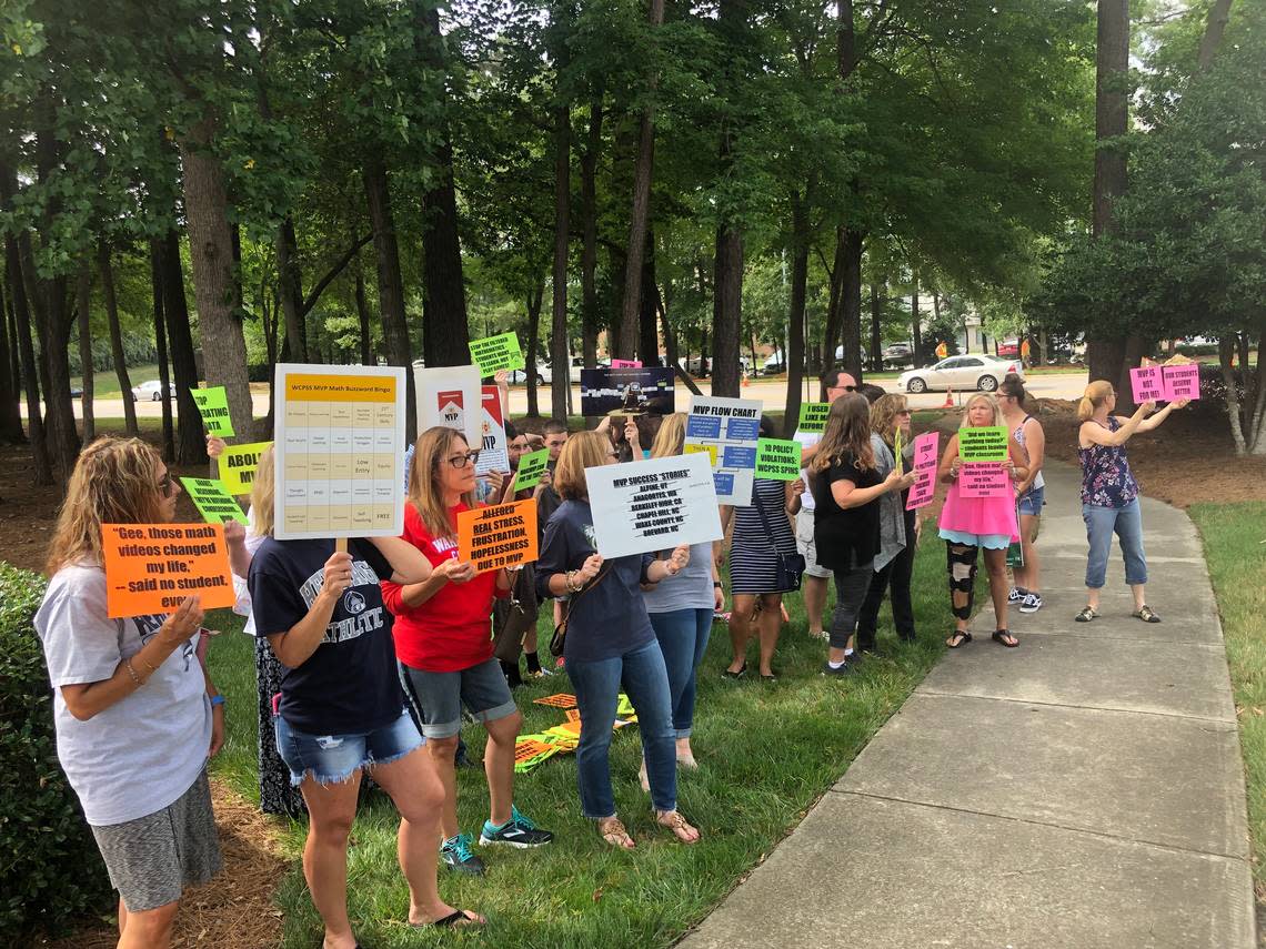 Parents and students protest the use of the MVP Math curriculum outside the Wake County Public School System’s headquarters in Cary, N.C., on June 18, 2019,