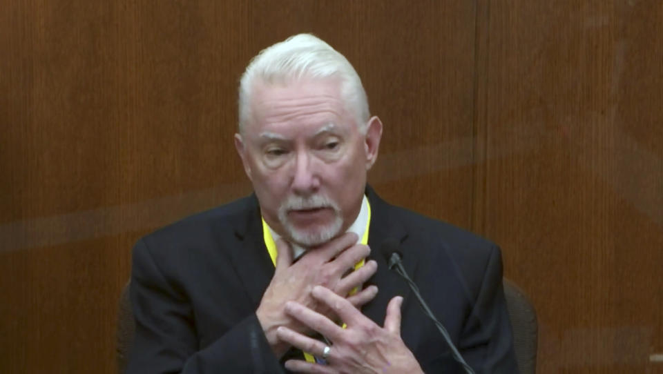 In this image from video, Barry Brodd, a use of force expert testifies as Hennepin County Judge Peter Cahill presides, Tuesday, April 13, 2021, in the trial of former Minneapolis police Officer Derek Chauvin at the Hennepin County Courthouse in Minneapolis, Minn. Chauvin is charged in the May 25, 2020 death of George Floyd. (Court TV via AP, Pool)