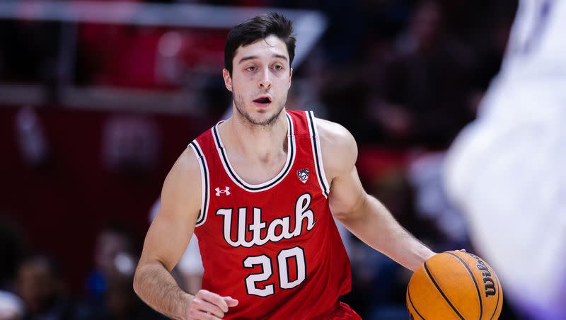 Utah guard Lazar Stefanovic (20) drives down the court during a game against Washington at the Huntsman Center in Salt Lake City on Saturday, Jan. 21, 2023. Stefanovic reportedly has entered the NCAA transfer portal.