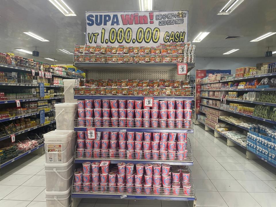 Cash incentives try to entice shoppers to choose cheap multi-packs of noodles in a Port Vila supermarket