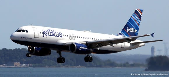 A JetBlue Airways plane preparing to land