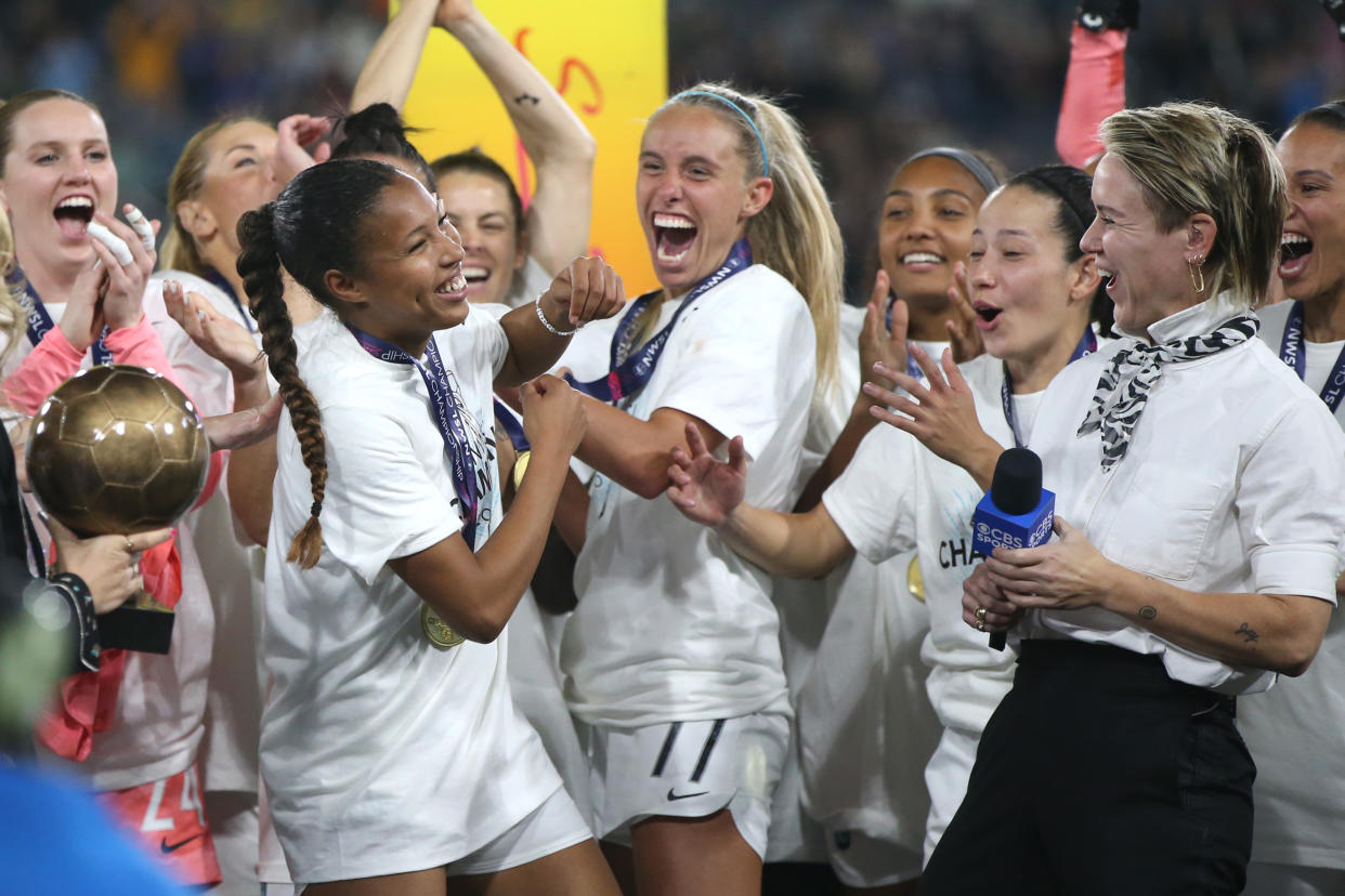 SAN DIEGO, CALIFORNIA - NOVEMBER 11: Margaret Purce #23 of NJ/NY Gotham FC is awarded the NWSL Championship MVP following the 2023 NWSL Championship against the OL Reign at Snapdragon Stadium on November 11, 2023 in San Diego, California. (Photo by Katharine Lotze/Getty Images)