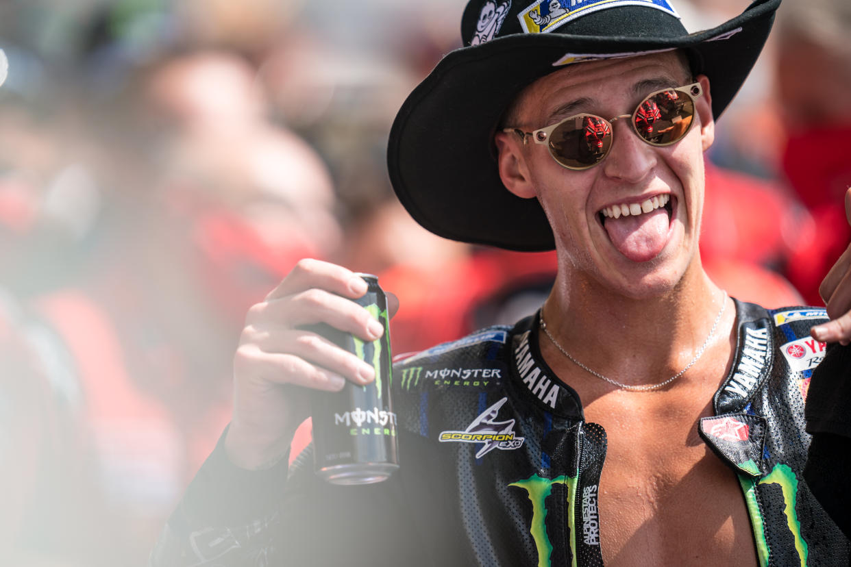 AUSTIN, TEXAS - OCTOBER 03: Fabio Quartararo of France and Monster Energy Yamaha MotoGP makes some fun at parc ferme during the race of the MotoGP Red Bull Grand Prix of The Americas at the Circuit of The Americas on October 03, 2021 in Austin, Texas. (Photo by Steve Wobser/Getty Images)