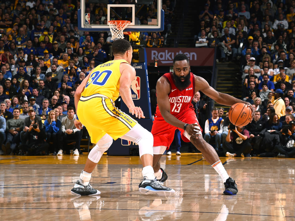 James Harden squares off against Stephen Curry last week. (Getty)