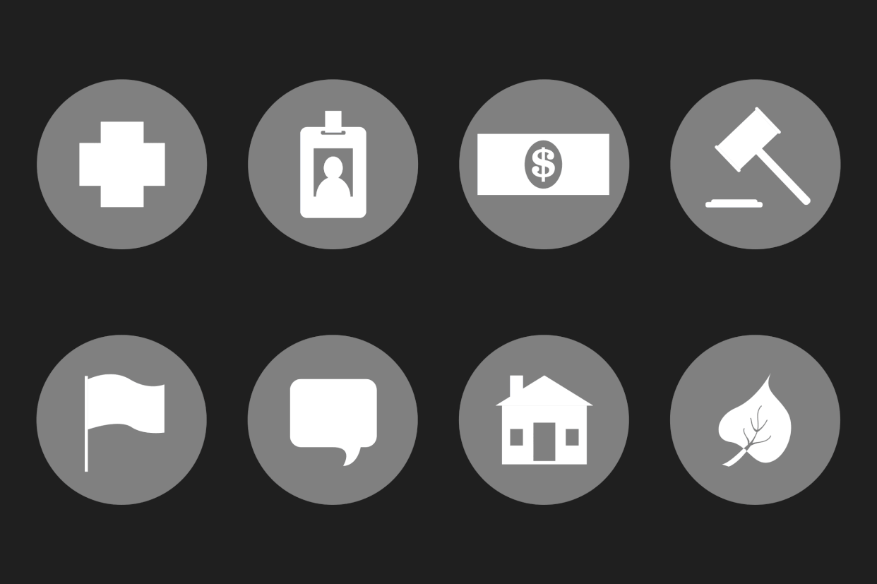 animated icons of a medical cross, an i.d. badge, cash, a gavel, a flag, a chat bubble, a house and a leaf