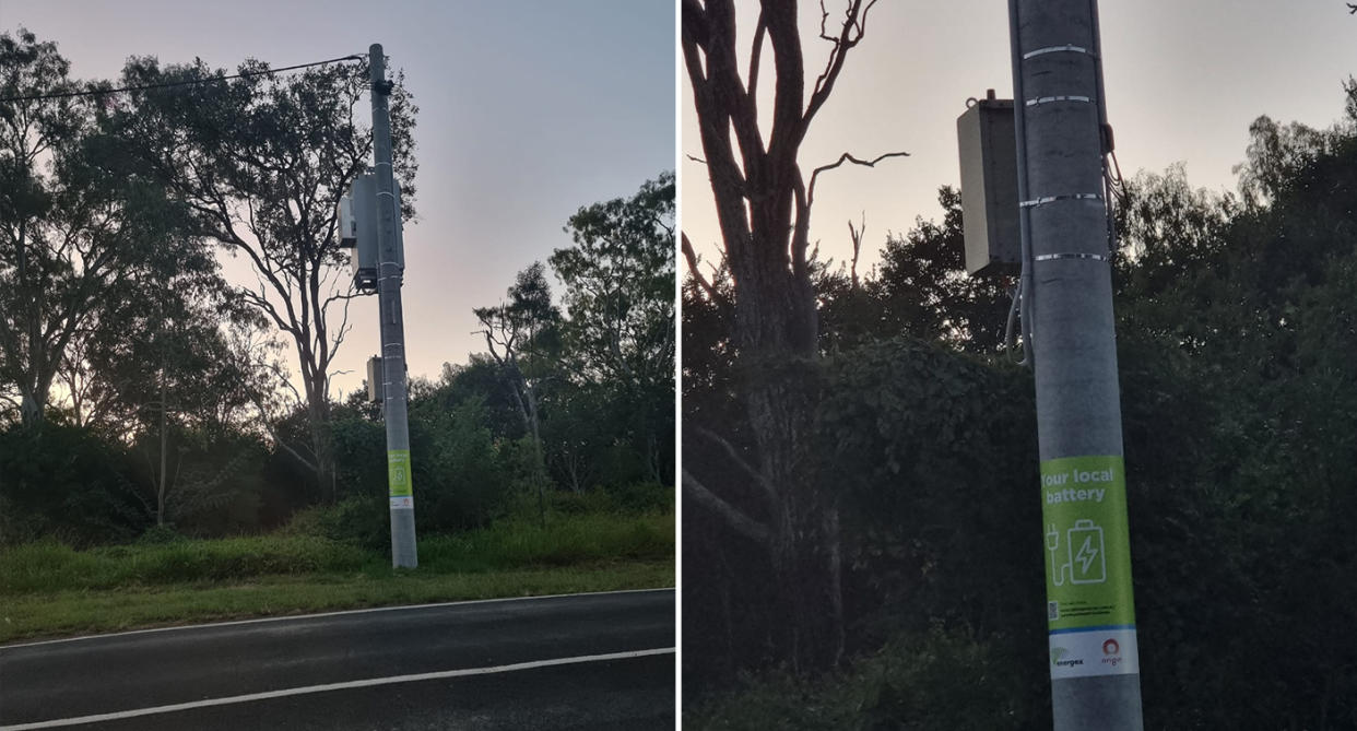 The Origin Energy neighbourhood battery attached to a power pole on the side of the road in Ipswich. 