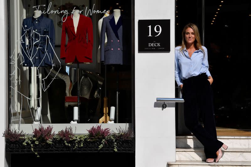 Knatchbull, Founder of The Deck, stands outside of her new premises on Savile Row, the first shopfront tailors exclusively for women to open on the world famous street, renowned for its bespoke clothes making, in London