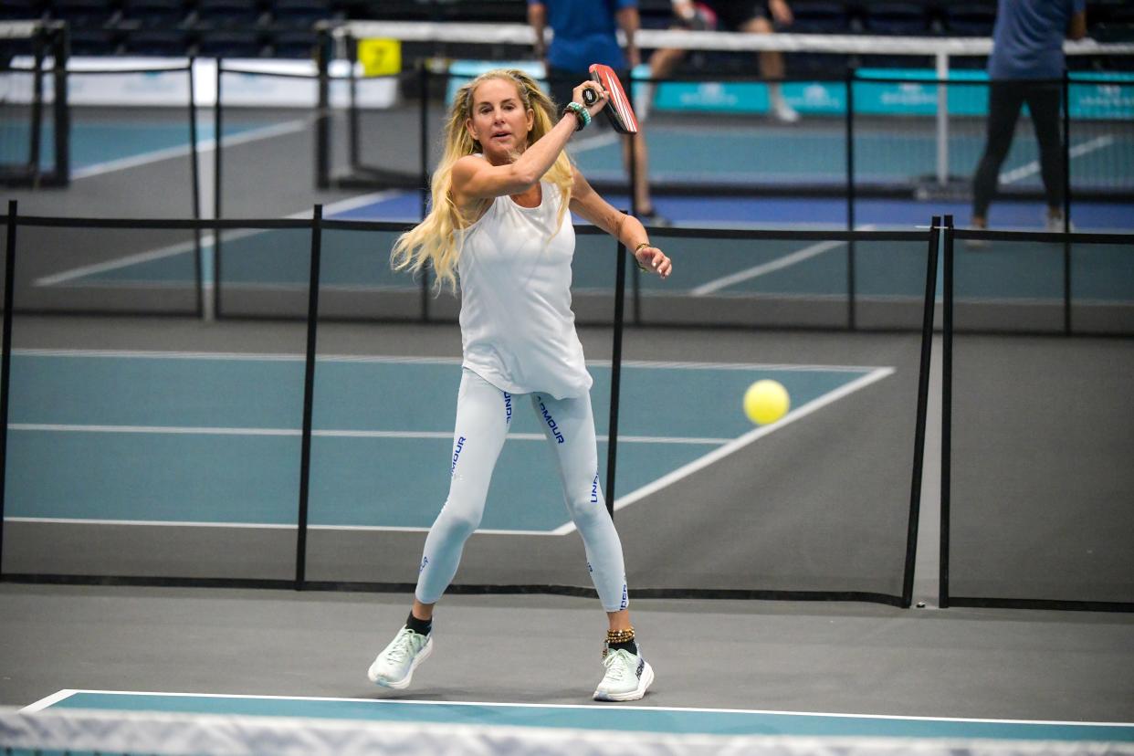 Carling Bassett-Seguso returns a shot at the Diadem indoor pickleball complex in Coconut Creek.