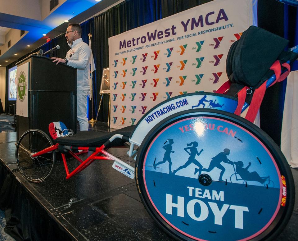 Russ Hoyt, son of Dick Hoyt and brother of Ricky Hoyt, speaks during the MetroWest YMCA Marathon Community Breakfast and Annual Campaign Kick-off, at the Sheraton Framingham Hotel & Conference Center, March 14, 2024.