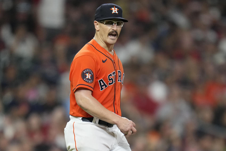 Houston Astros starting pitcher J.P. France reacts after giving up a solo home run to Cincinnati Reds designated hitter Tyler Stephenson during the seventh inning of a baseball game, Friday, June 16, 2023, in Houston. (AP Photo/Eric Christian Smith)