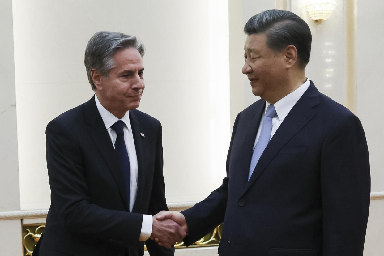 Secretary of State Antony Blinken shakes hands with Chinese President Xi Jinping in the Great Hall of the People in Beijing, China, Monday, June 19, 2023. (Leah Millis/Pool Photo via AP)