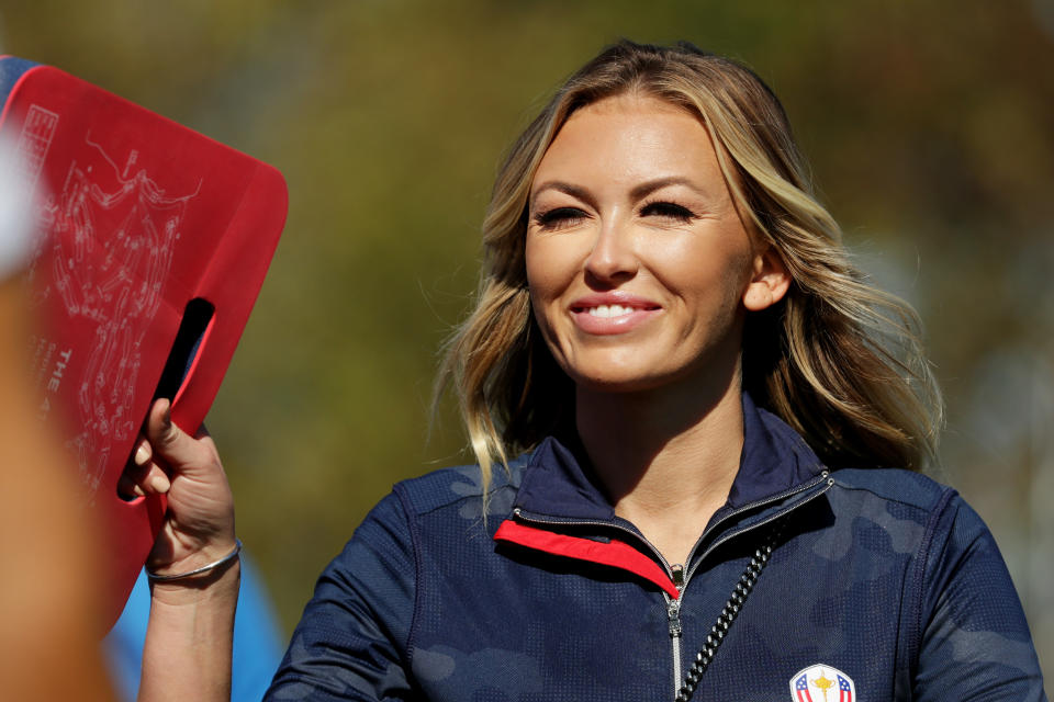 CHASKA, MN - OCTOBER 02:  Paulina Gretzky looks on during singles matches of the 2016 Ryder Cup at Hazeltine National Golf Club on October 2, 2016 in Chaska, Minnesota.  (Photo by Streeter Lecka/Getty Images)