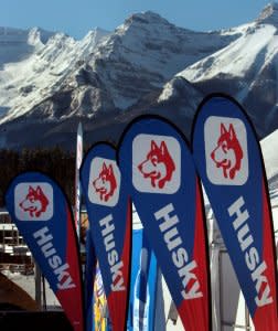 FILE PHOTO: Banners for the Canadian company Husky Energy are seen at a sporting event in Lake Louise, Alberta December 1, 2009. REUTERS/Andy Clark/File Photo