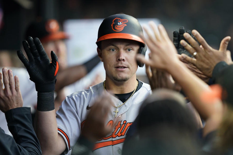 Baltimore Orioles' Ryan Mountcastle is congratulated after his two-run home run in the fifth inning of the team's baseball game against the Cleveland Indians, Wednesday, June 16, 2021, in Cleveland. (AP Photo/Tony Dejak)