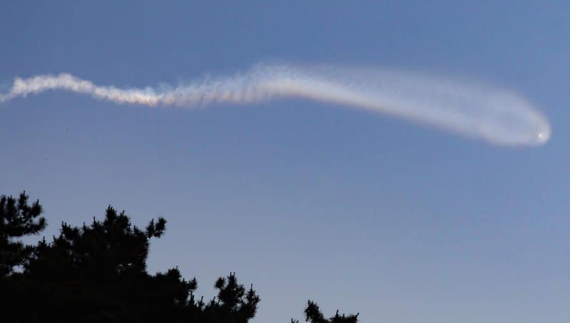 The missile left long contrails, as observed from South Korea's northwestern border island of Yeonpyeong. It traveled around 155 miles before exploding over waters off the east coast of the country, JCS officials said Wednesday. Photo by Yonhap