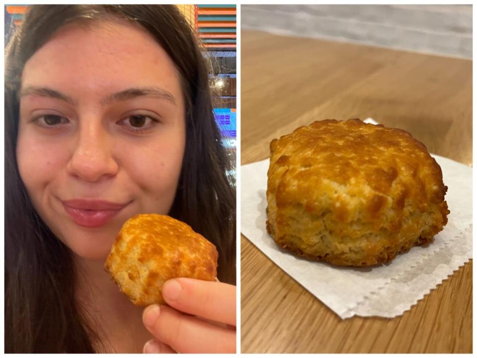 Left, a girl holding a biscuit. Right, a biscuit.