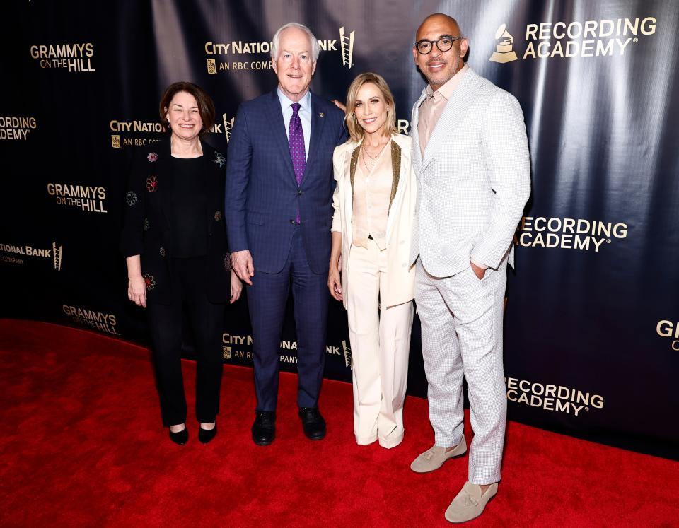 (From left): Congressional Honoree Senator Amy Klobuchar, Congressional Honoree Senator John Cornyn, Sheryl Crow and Harvey Mason jr. attend Grammys On The Hill on April 30, 2024 in Washington, DC.