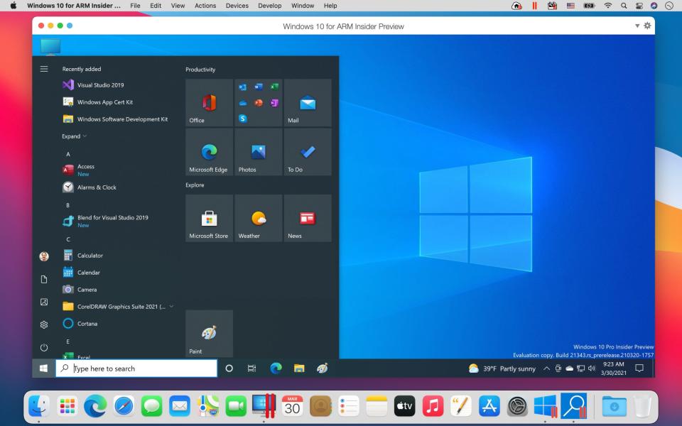 Windows 10 for ARM Insider Preview running in Parallels Desktop 16.5 on an M1 MacBook Pro